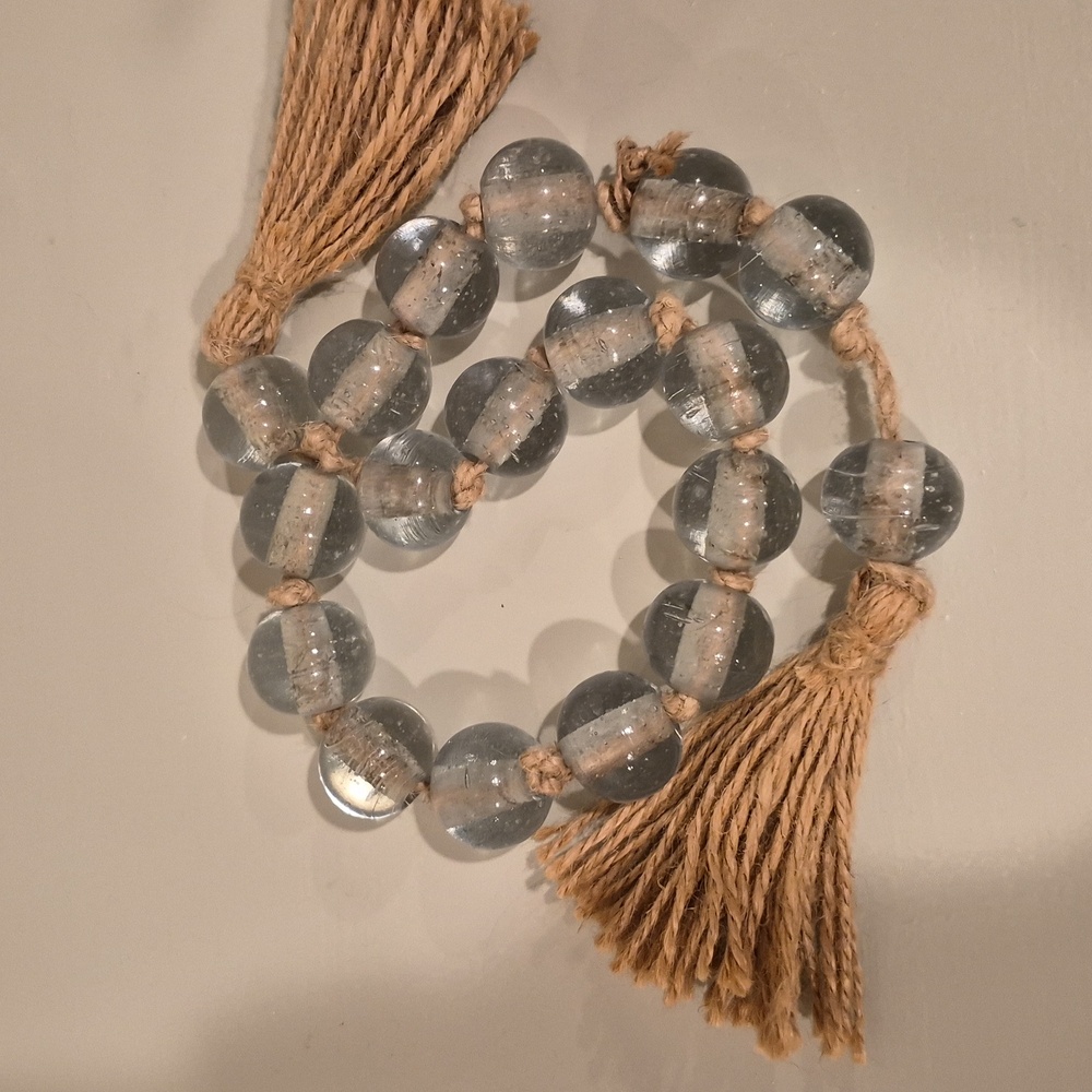 Handcrafted Boho Coastal Grey Glass Clear Bead Garland Jute Rope Tassels Decor